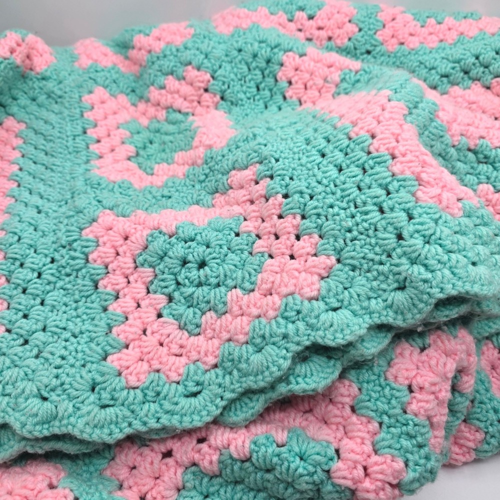 Handmade Crochet Granny Square Afghan Blanket Pink Teal Large 67x84